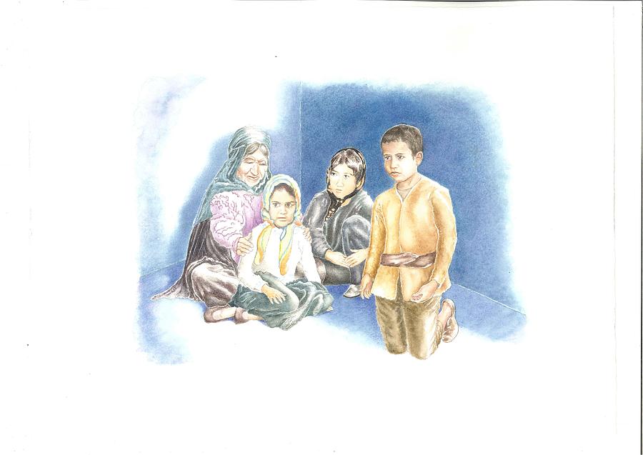 Grandmother sheltering children from violent mob in Yazd, Persia Painting by Sue Podger