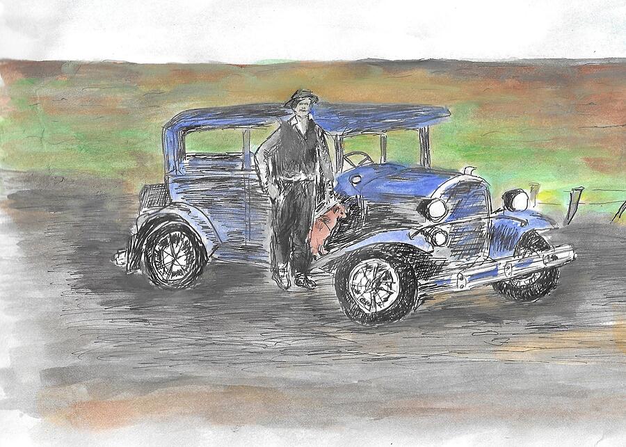 Vintage Car Painting - Grandpa and Model A by Arthur Lightbody