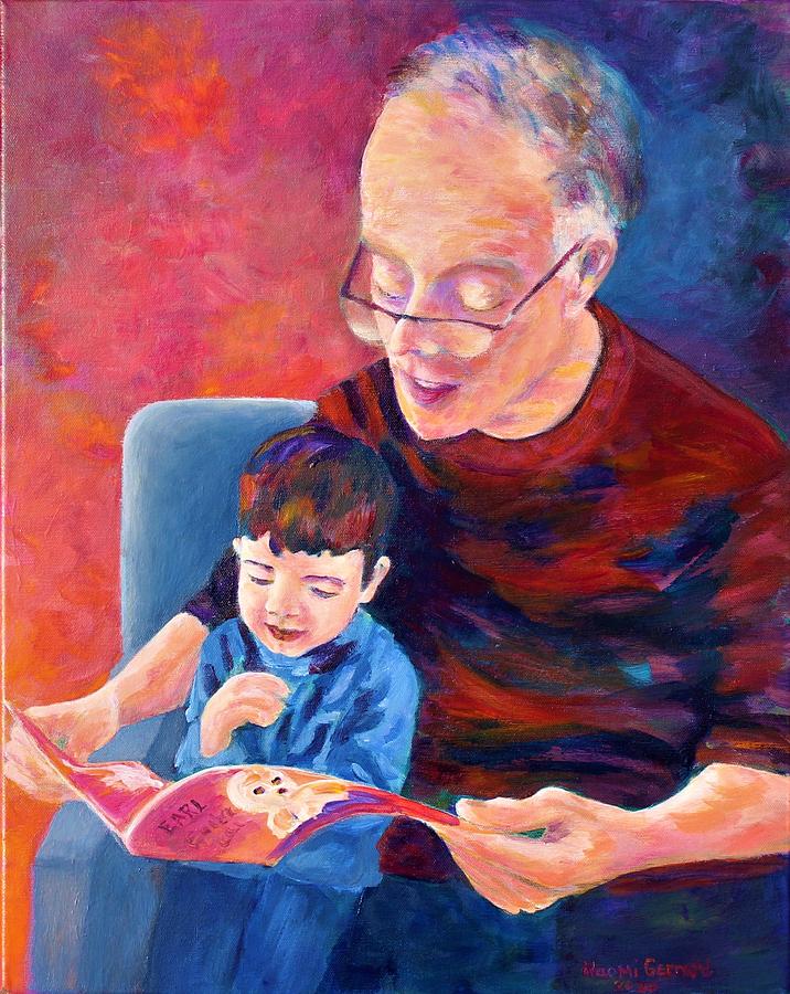 GrandPa and Zayd reading Painting by Naomi Gerrard