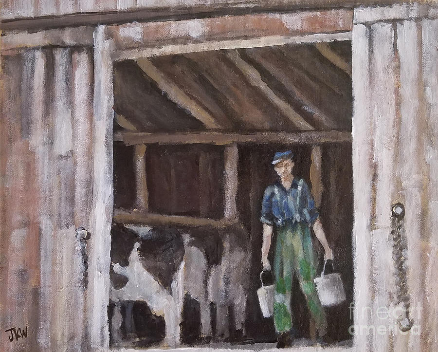 Grandpas Milking Painting by Judith Whittaker