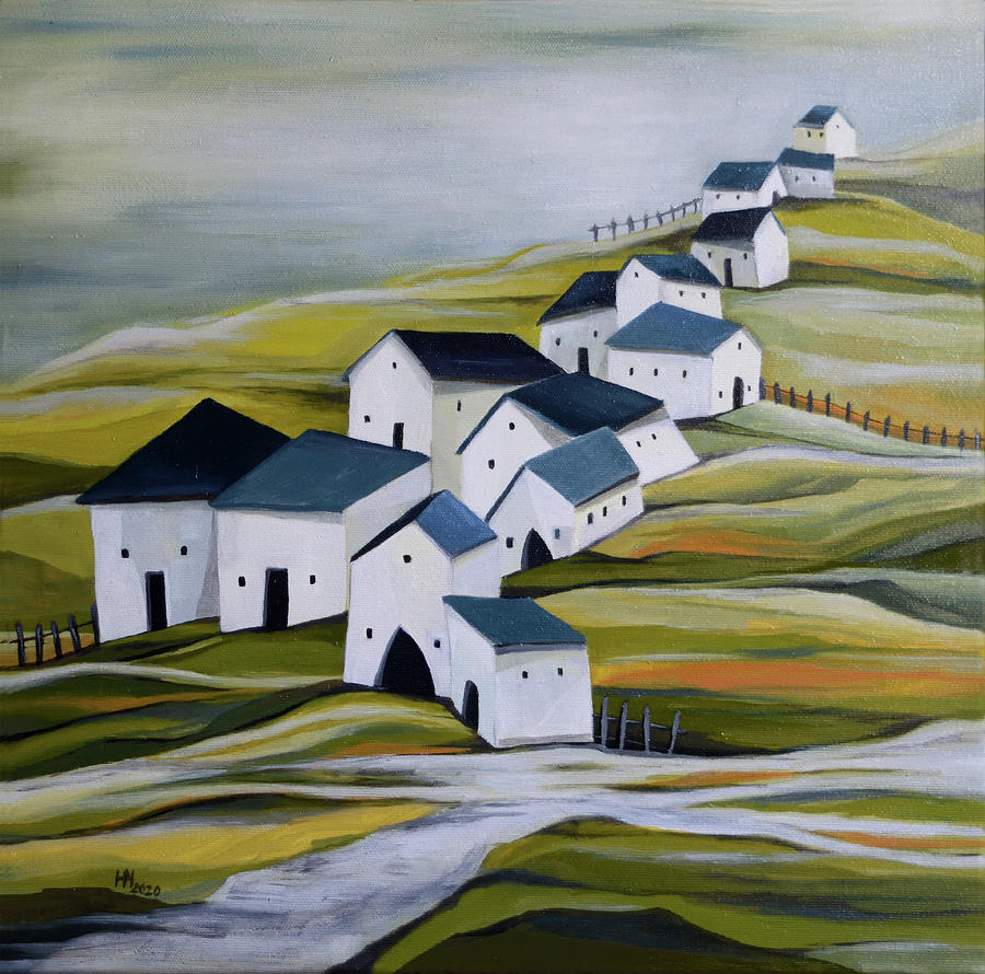 Semi-abstract Landscape Painting - Grandmas village by Aniko Hencz