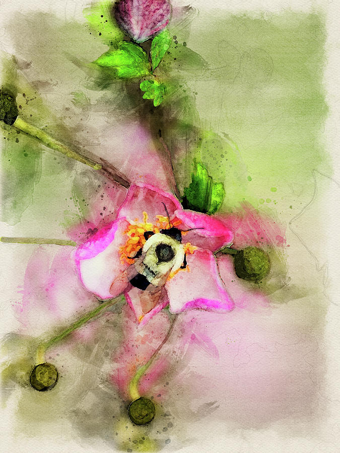 Grape Leaf Anemone And Bee On Abstract Background Digital Art by Deborah League