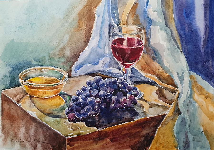 Grapes and honey Painting by Anna Lobovikov-Katz