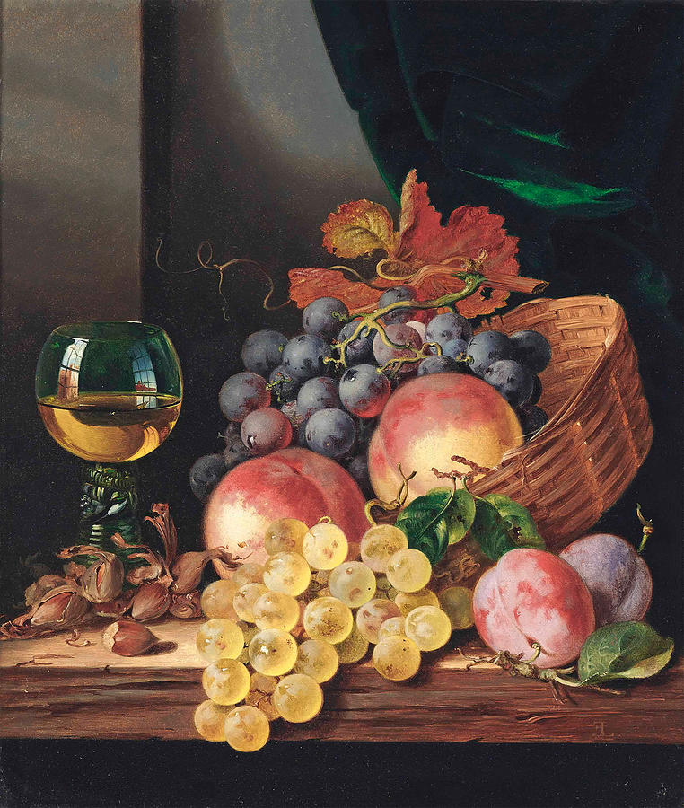 Grapes and peaches in a wicker basket, with plums, acorns and a roemer to the side Painting by Edward Ladell