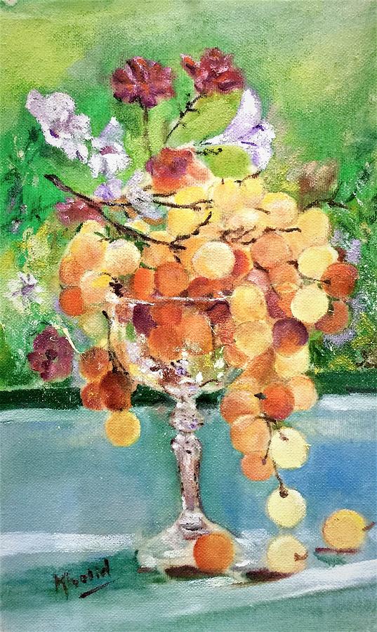 Grapes flower and glass Painting by Khalid Saeed