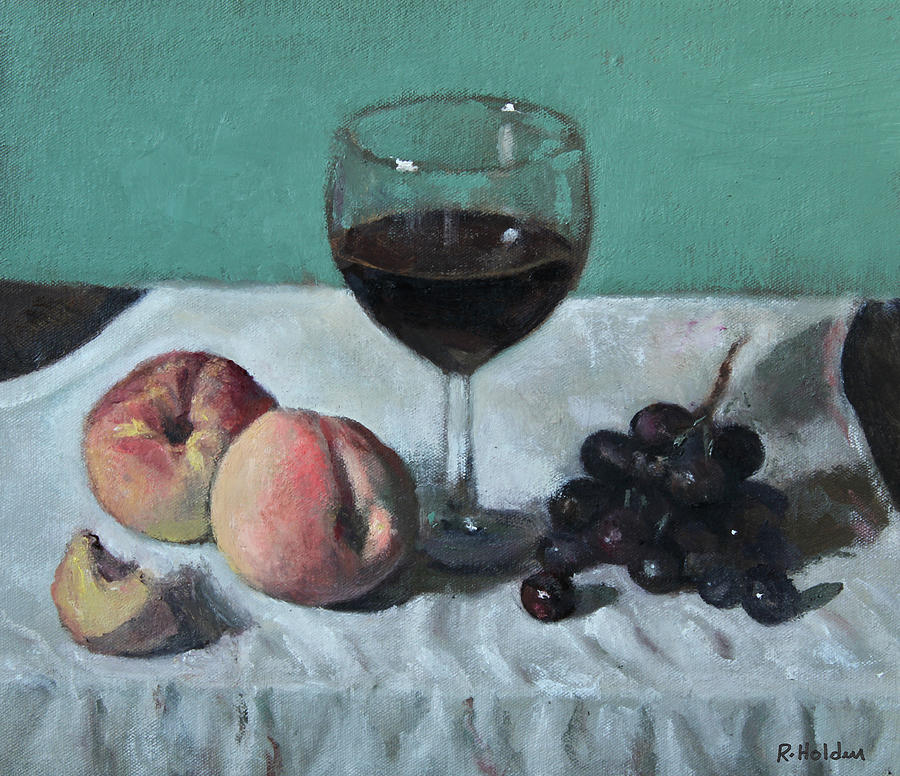 Grapes, Peaches, Peach Slice and Glass of Red Wine Painting by Robert ...