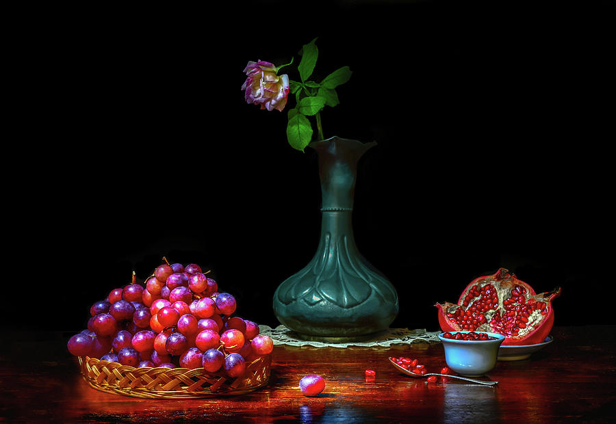 Grapes, rose and pomegranate Still life Photograph by Loredana Gallo Migliorini