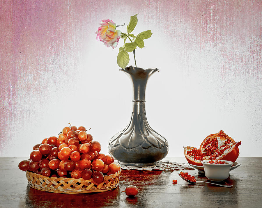 Grapes, rose and pomegranate Still life white version Photograph by ...