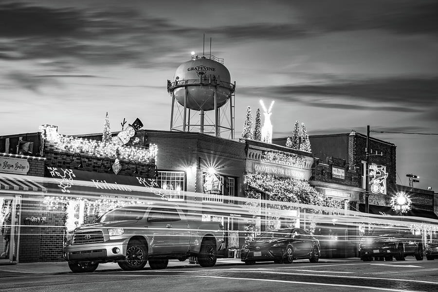 Grapevine Texas Main Street BW Skyline And Water Tower Photograph by Gregory Ballos