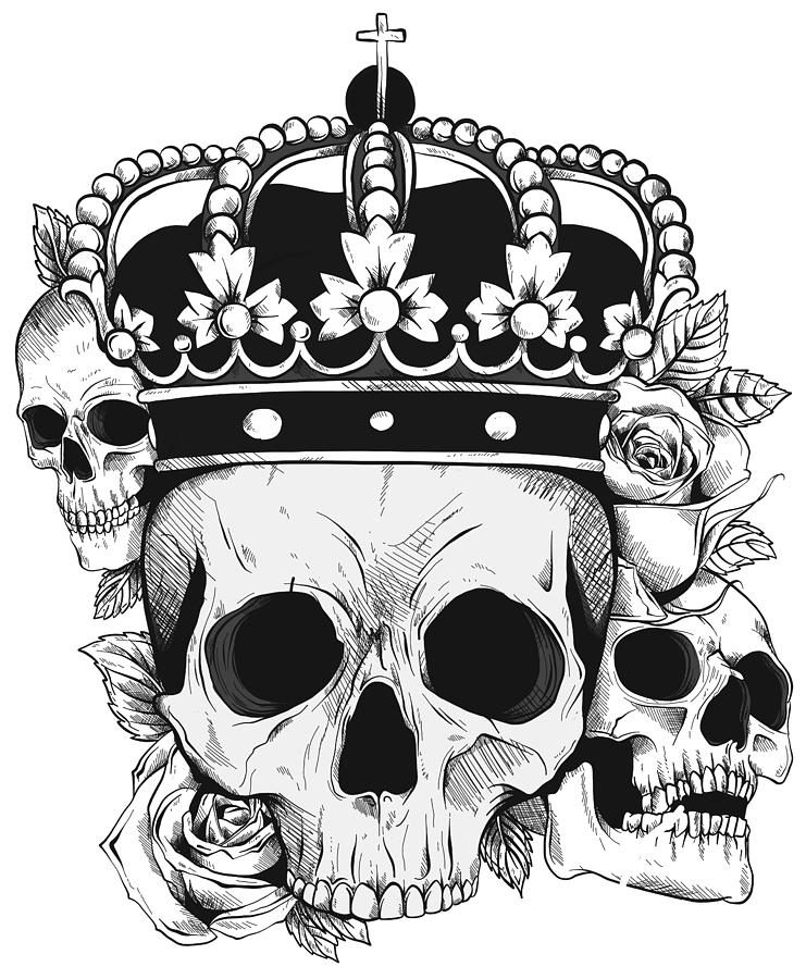 Graphic black and white human skull with royal lily king crown and diamonds  on white background Digital Art by Dean Zangirolami - Pixels