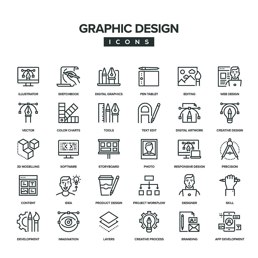 Graphic Design Line Icon Set Drawing by Kadirkaba