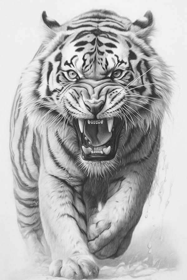 Wildlife Drawing - Graphite drawing of a snarling tiger by David Mohn