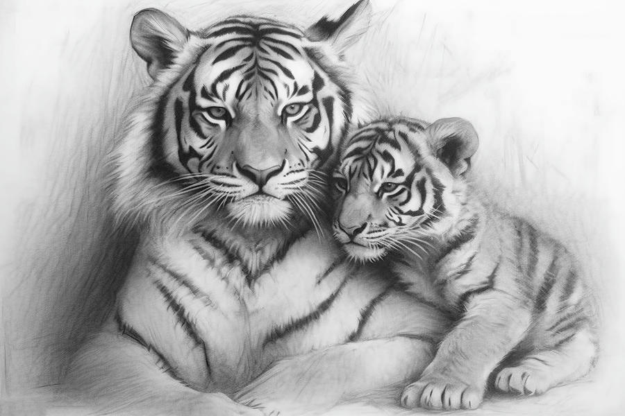 Wildlife Drawing - Graphite drawing of a tiger with her cub by David Mohn