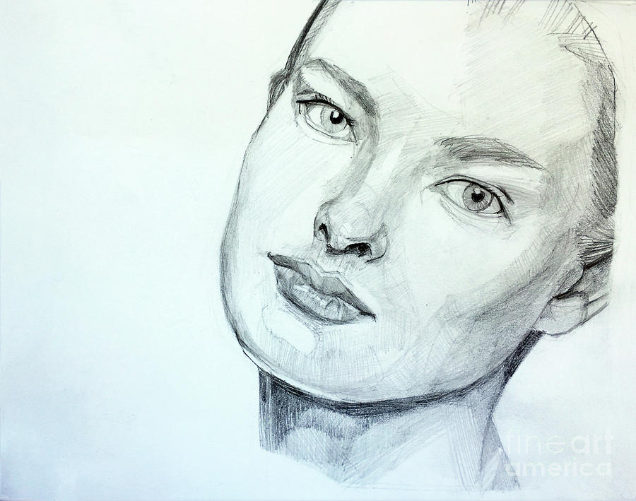 Graphite Portrait Drawing of a young woman with tilted head Drawing by Greta Corens