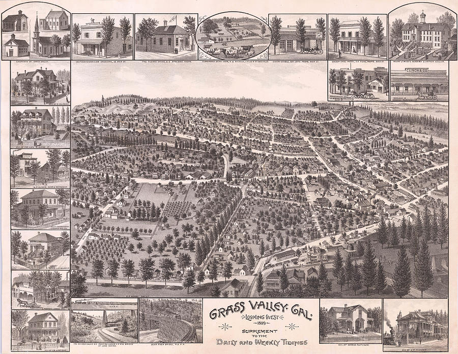 Grass Valley Cal Looking West Grass Valley California Painting By   Grass Valley Cal Looking West   Grass Valley California  Antique Map 