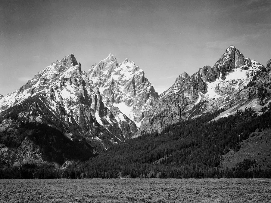 Grassy valley and snow covered peaks, Grand Teton National Park, Wyoming, 1941 Photograph by Ansel Adams