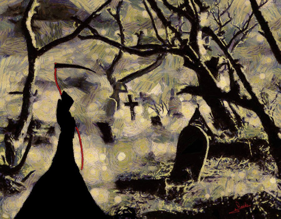 Graveyard and guardian angel Painting by George Rossidis