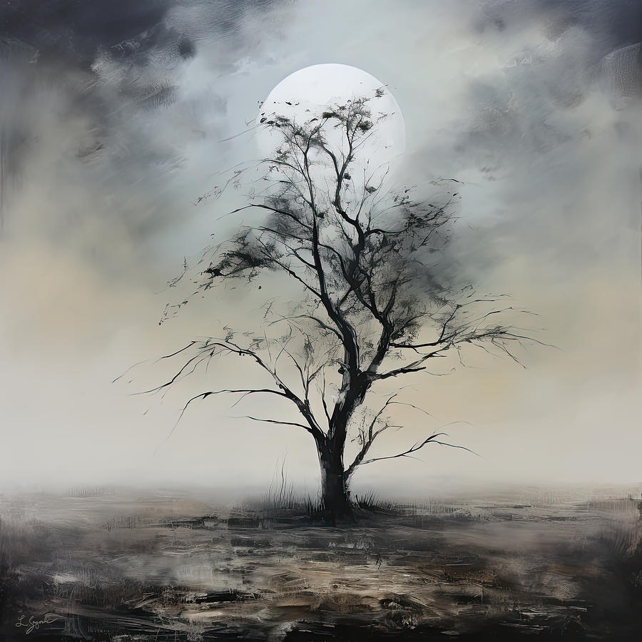 Gray and Dark Landscape with Full Moon and Tree Painting by Lourry Legarde Gray and Dark Landscape with Full Moon and Tree Painting by Lourry Legarde
