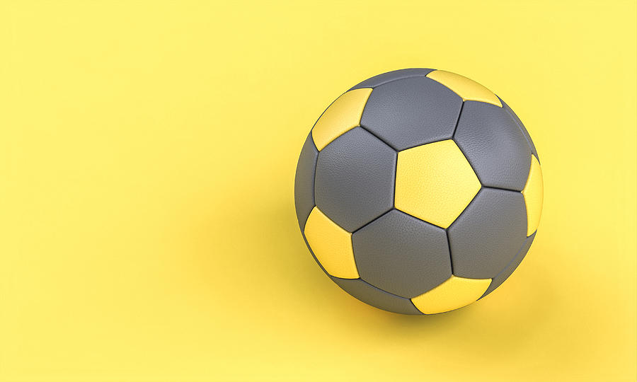Gray And Yellow Soccer Ball On Yellow Background In Flat Lay Sty Photograph by Gualtiero Boffi