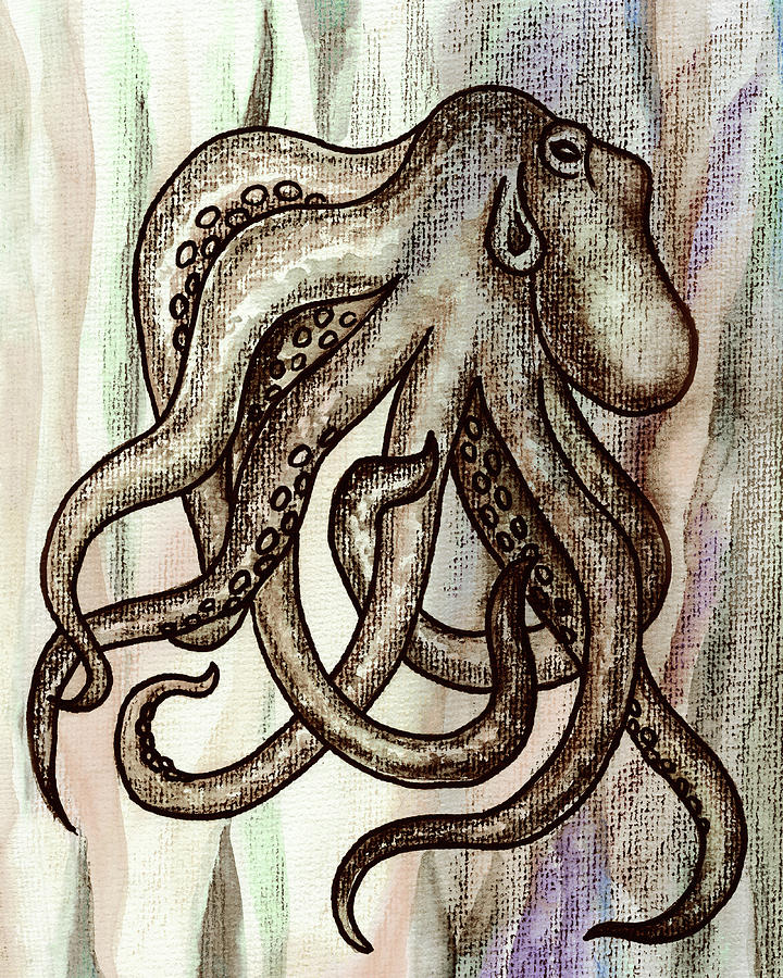 Gray Beige Watercolor Octopus Beach Art  Painting by Irina Sztukowski