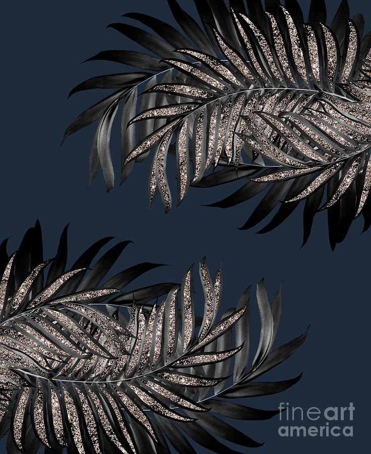 Nature Mixed Media - Gray Black Palm Leaves with Rose Gold Glitter #7 #tropical #decor #art by Anitas and Bellas Art