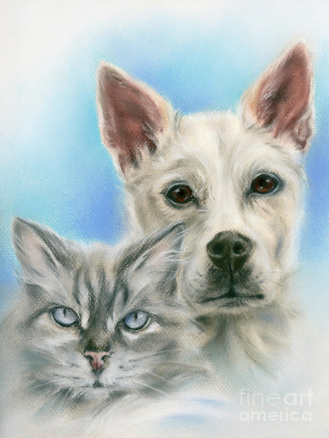 Gray Cat and Carolina Dog Portrait Pastel by MM Anderson