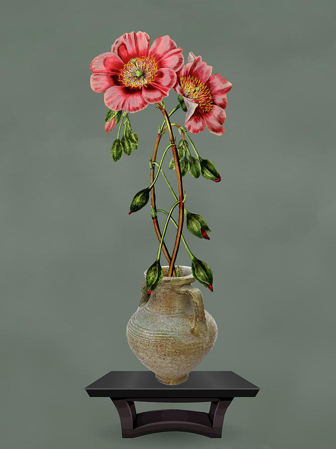 Gray Clay Pot with Flowers Mixed Media by David Dehner
