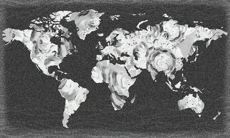 Gray Floral Monochrome World Map Silhouette  Painting by Irina Sztukowski
