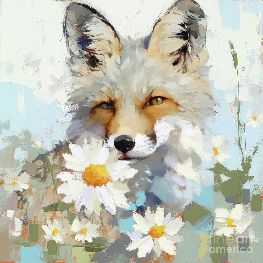 Gray Fox In The Daisies Painting by Tina LeCour Gray Fox In The Daisies Painting by Tina LeCour