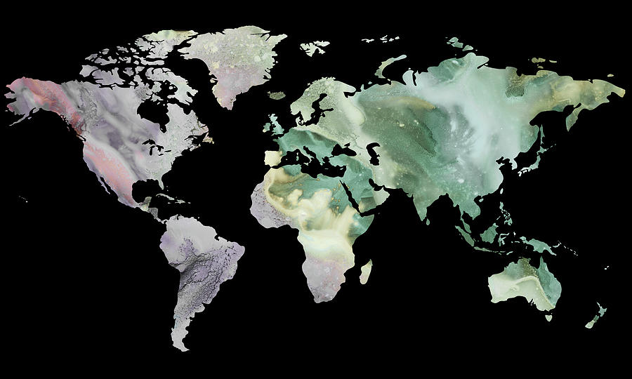 Gray Green Marble Watercolor World Map Silhouette  Painting by Irina Sztukowski