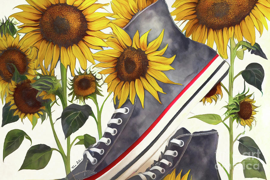 Gray High Tops And Sunflowers Painting by Tina LeCour