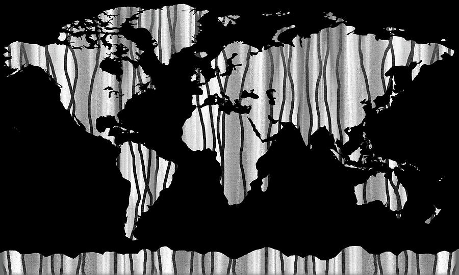 Gray Lines On Black World Map Silhouette  Painting by Irina Sztukowski