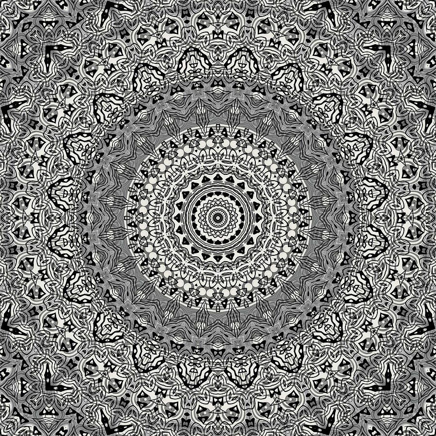 Gray Mandala Kaleidoscope Medallion Flower Mixed Media by Mercury McCutcheon