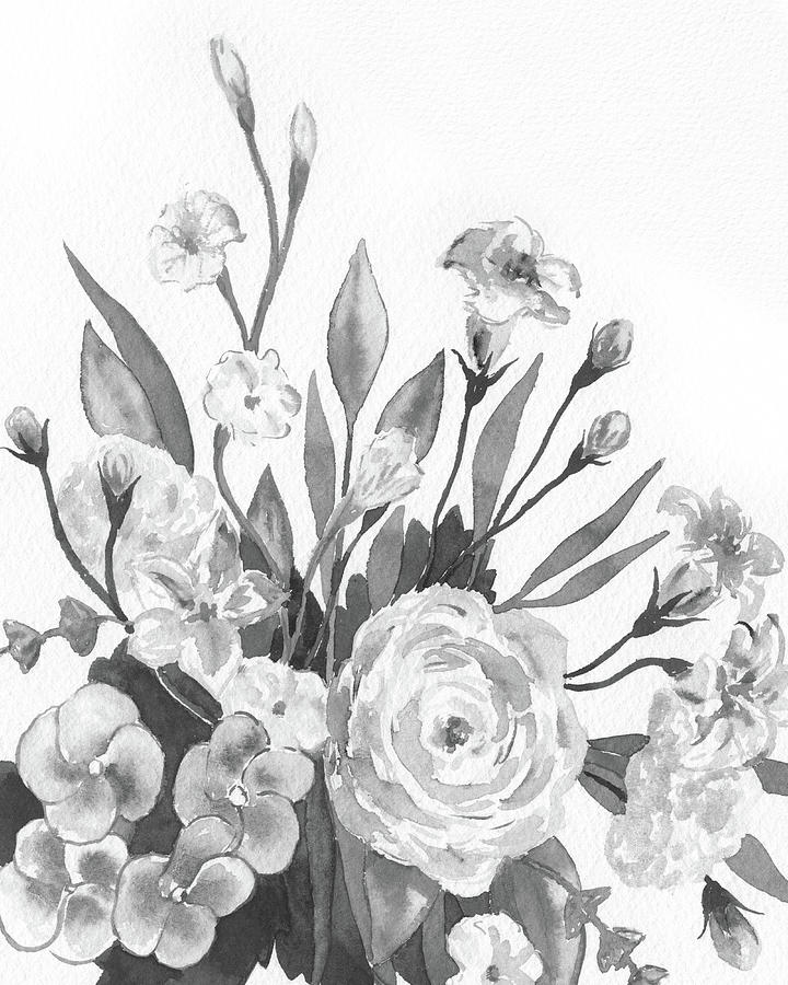 Gray Monochrome Floral Watercolor Bouquet Painting