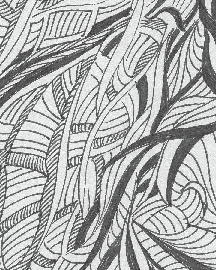 Gray Monochrome Lines Leaves Curves Organic Doodles Art III Painting by ...