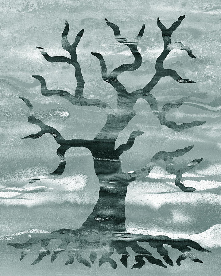 Gray Monochrome Winter Tree Of Life Abstract Watercolor Silhouette Painting