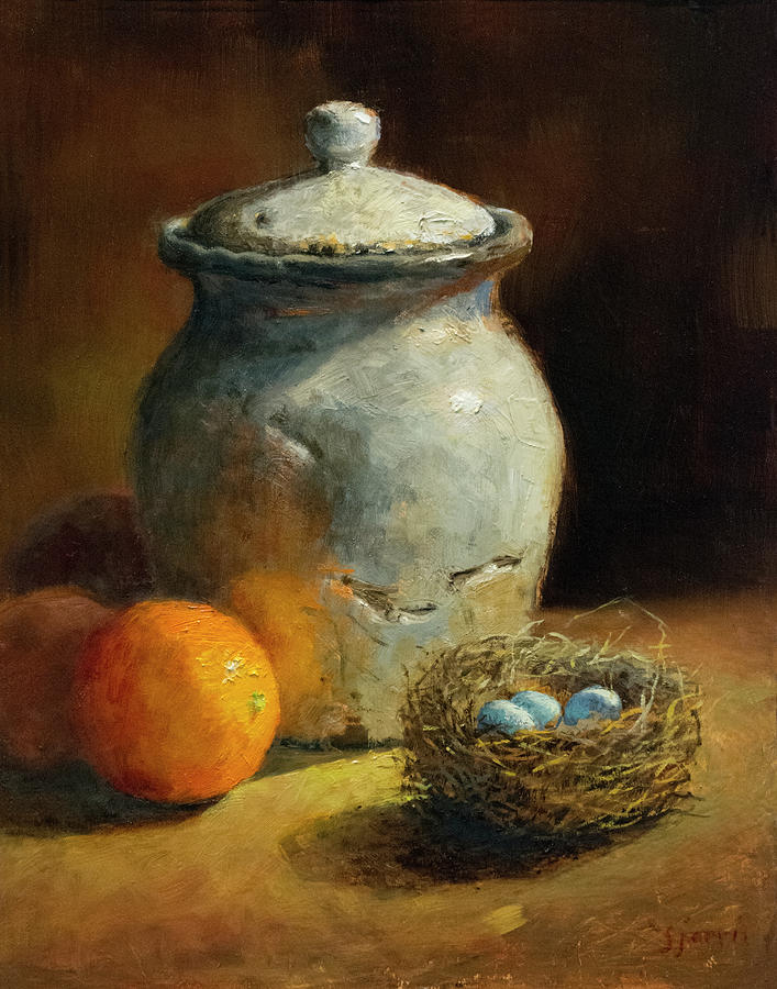 Still Life Painting - Gray Pot and Bird Nest by Susan N Jarvis