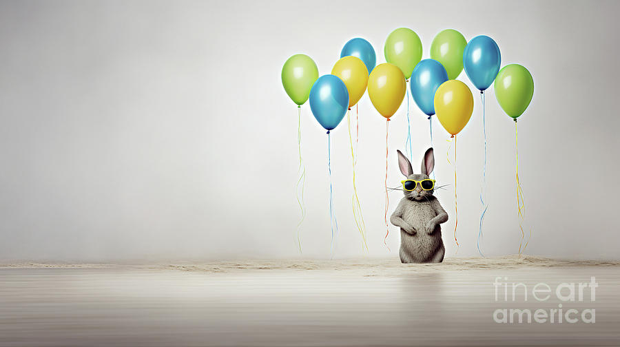 Gray rabbit in sunglasses with yellow, green and blue balloons in front of an isolated background . Digital Art by Odon Czintos