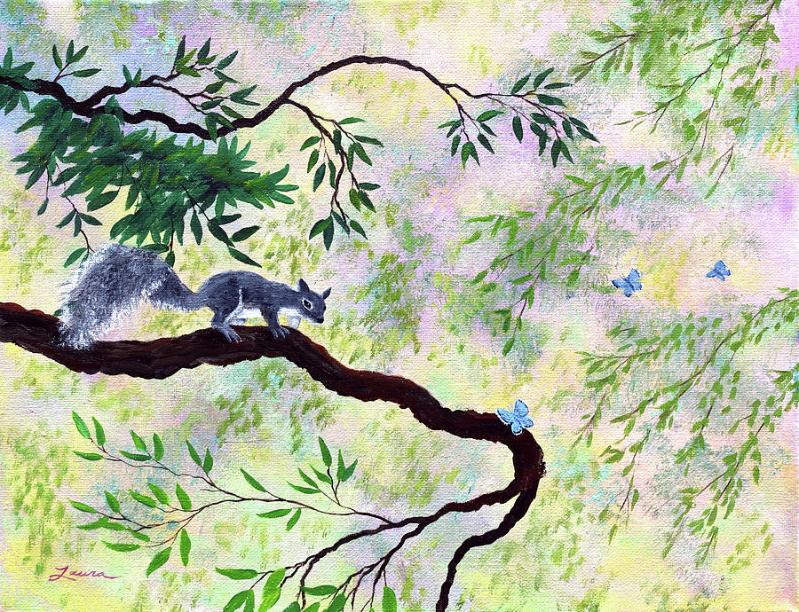 Gray Squirrel and Blue Butterfly Painting by Laura Iverson