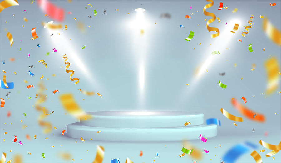 Gray studio background with realistic podium spotlight and confetti Drawing by Vectorig