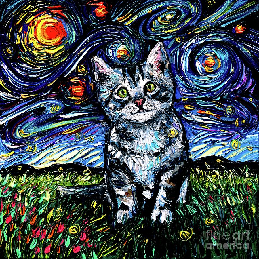 Gray Tabby Kitten Night Painting by Aja Trier