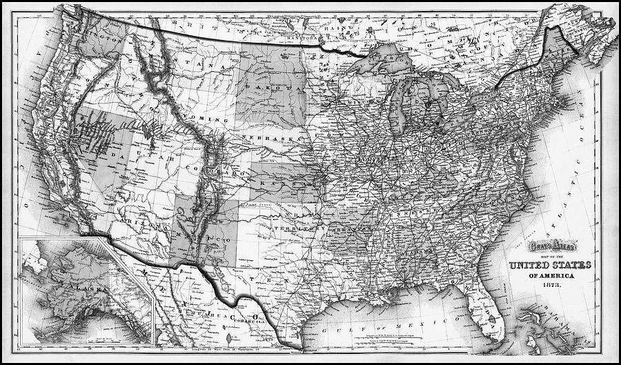 Grays Atlas Map of The United States of America 1873 Black and White Photograph by Carol Japp