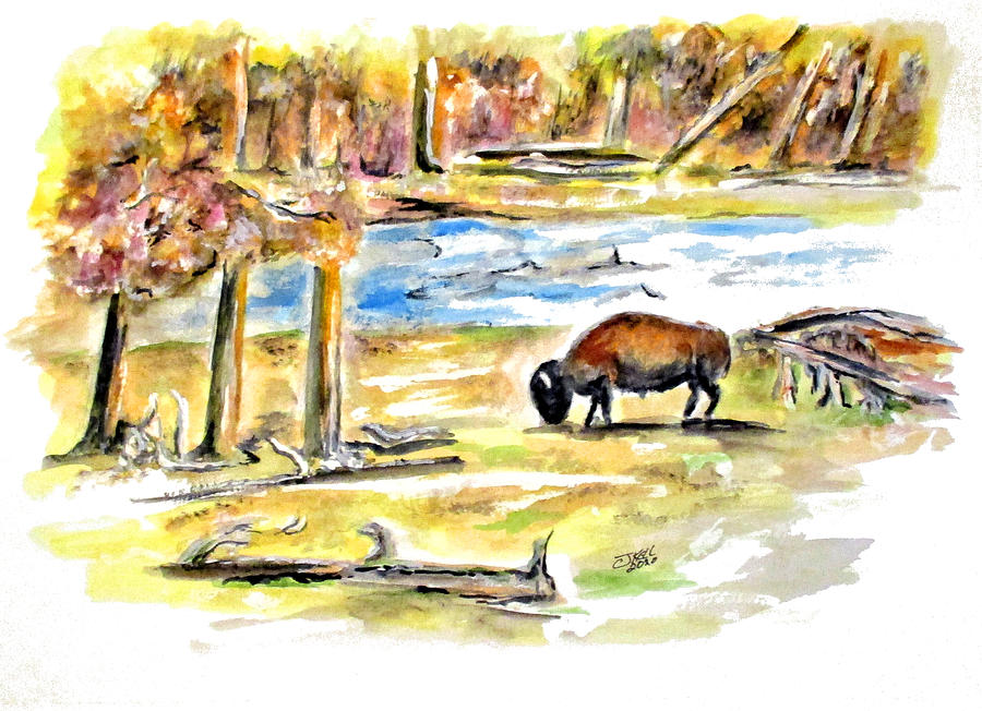 Grazing Bison Painting by Clyde J Kell