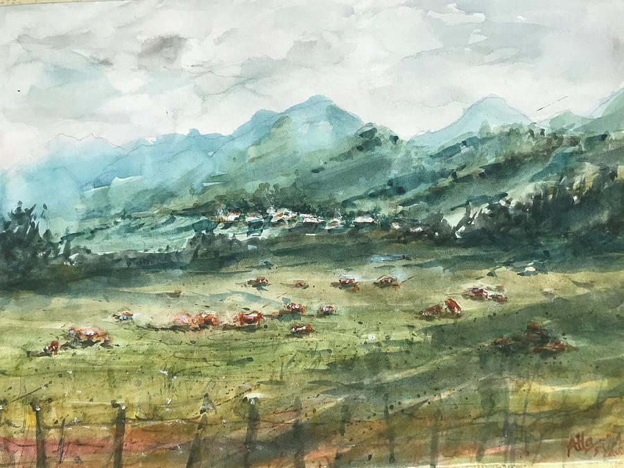Spokane Painting - Grazing cows by Pradeep Atla