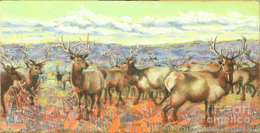 Grazing Elk Painting by PJ Kirk