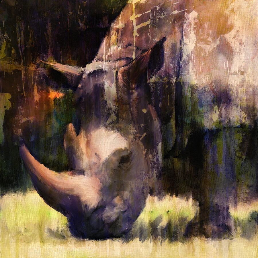 Grazing Rhino Painting by Marian Voicu