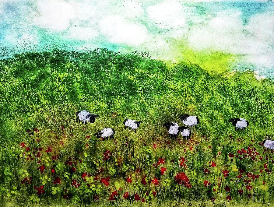 Grazing Sheep Painting by Shady Lane Studios-Karen Howard