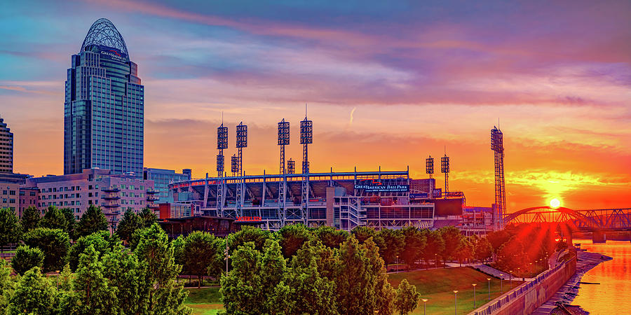 Great American Ball Park and Cincinnati Sunrise Panorama Photograph by Gregory Ballos