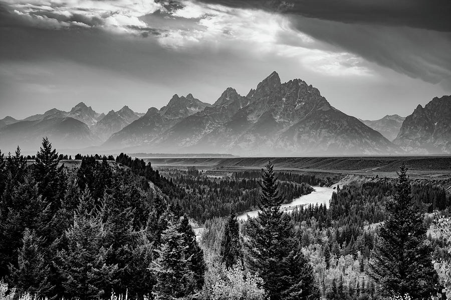 Great American Wyoming Mountain Landscape Over Snake River - Black And White Photograph by Gregory Ballos