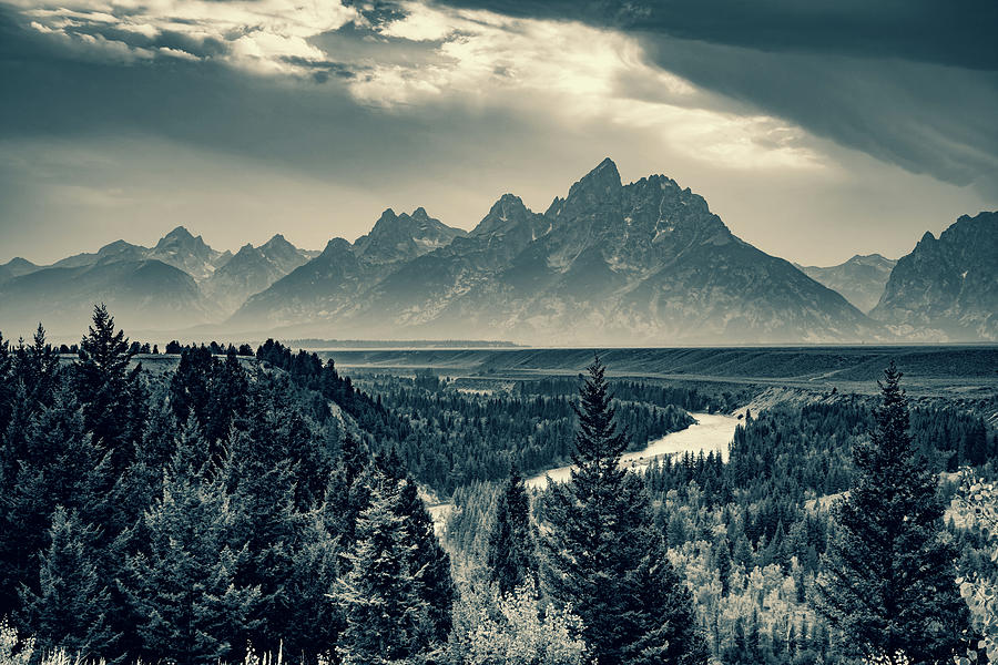 Great American Wyoming Mountain Landscape Over Snake River - Sepia Edition Photograph by Gregory Ballos